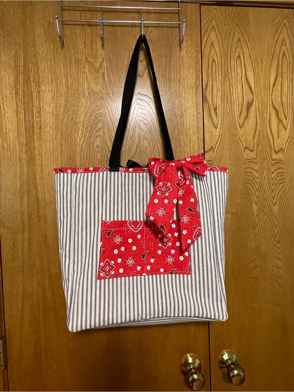 Striped Canvas Tote with Red Bandana Pocket and Black Straps